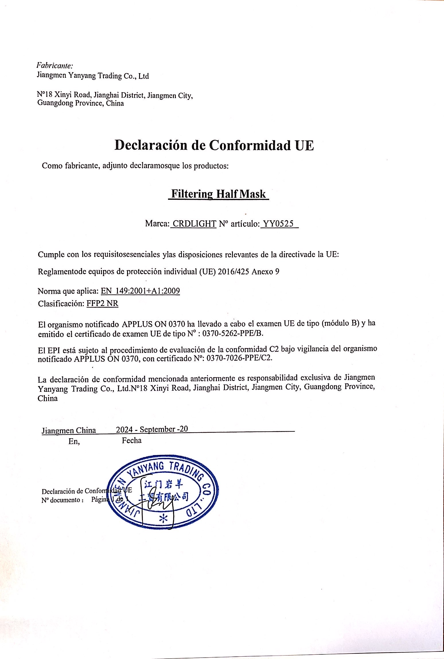 Declaracion de conformidad caste...módulo B y C2 firma Justine 0370_01